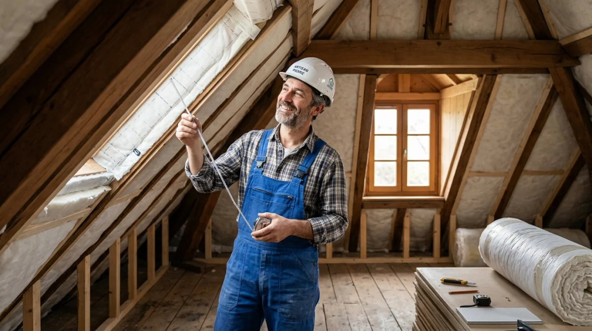 Artisan souriant inspectant une toiture en cours d'isolation par l'intérieur, grenier aménagé.