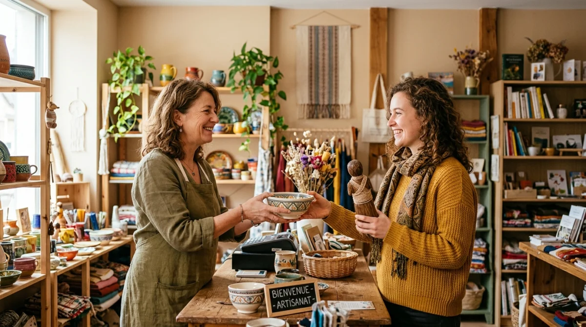 Personne souriante échangeant un objet dans une boutique chaleureuse sans argent.