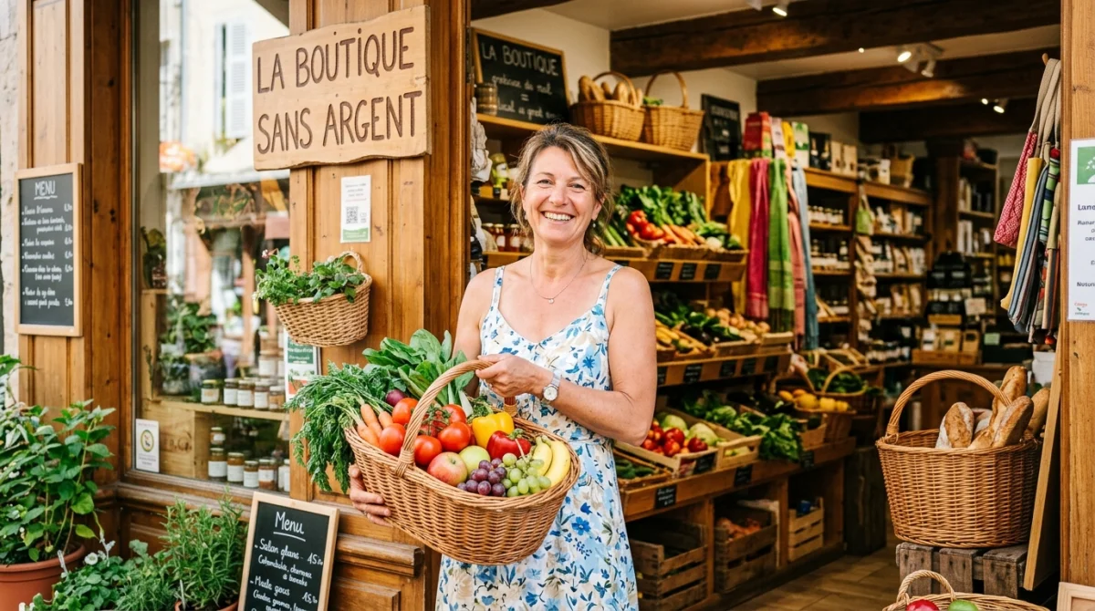 Femme souriante avec panier de fruits et légumes devant la boutique sans argent