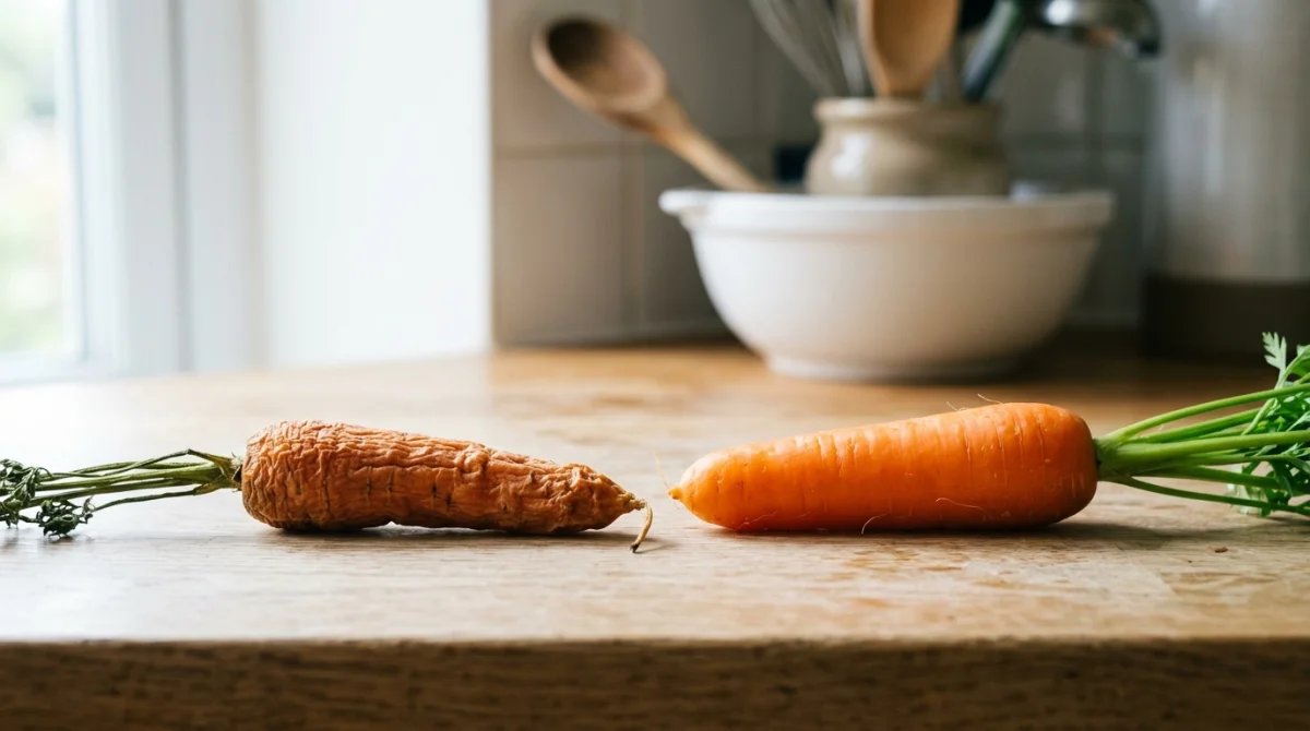 Carotte flétrie vs carotte fraîche : contraste visuel pour la conservation des légumes