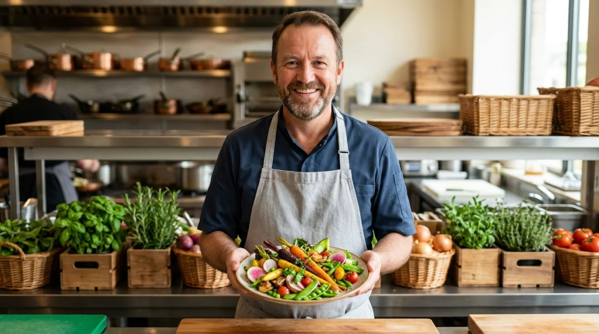 Chef souriant présentant une assiette colorée de légumes frais de saison dans un restaurant biologique.