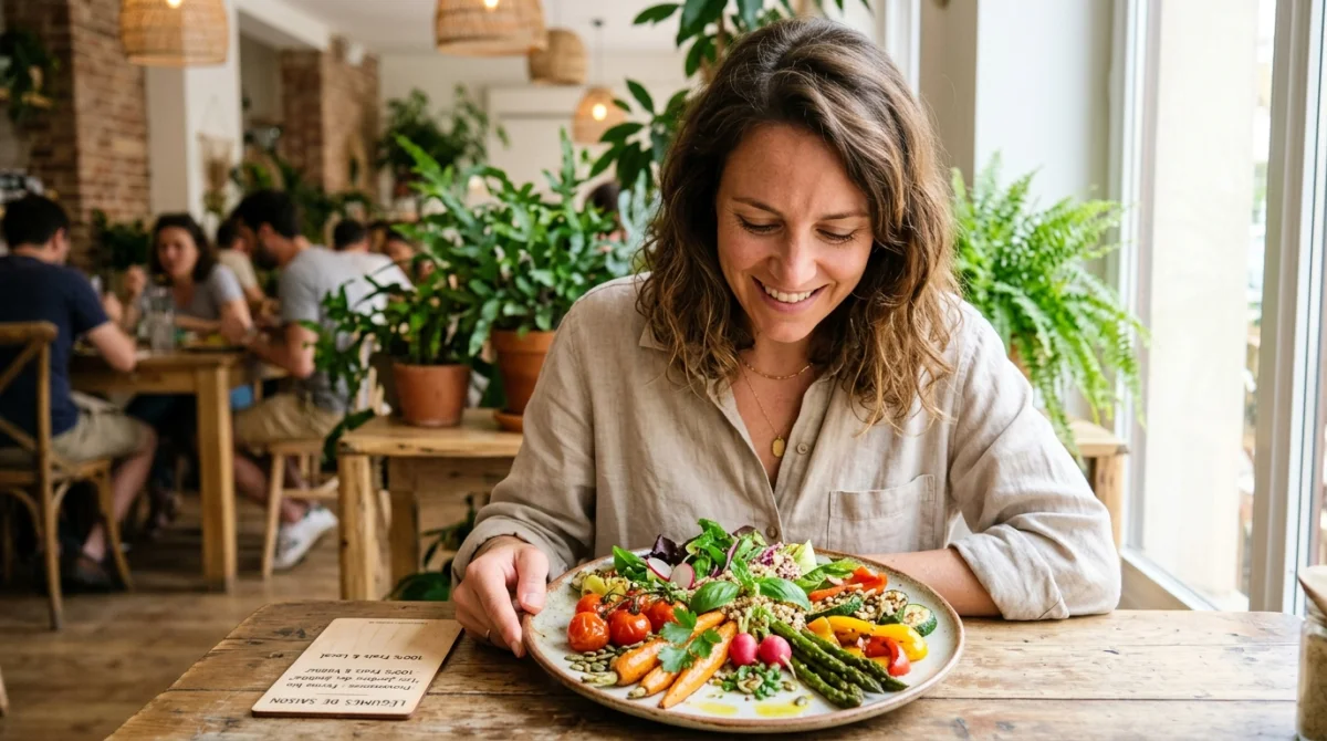 Cliente savourant une assiette colorée de légumes frais dans un restaurant biologique.