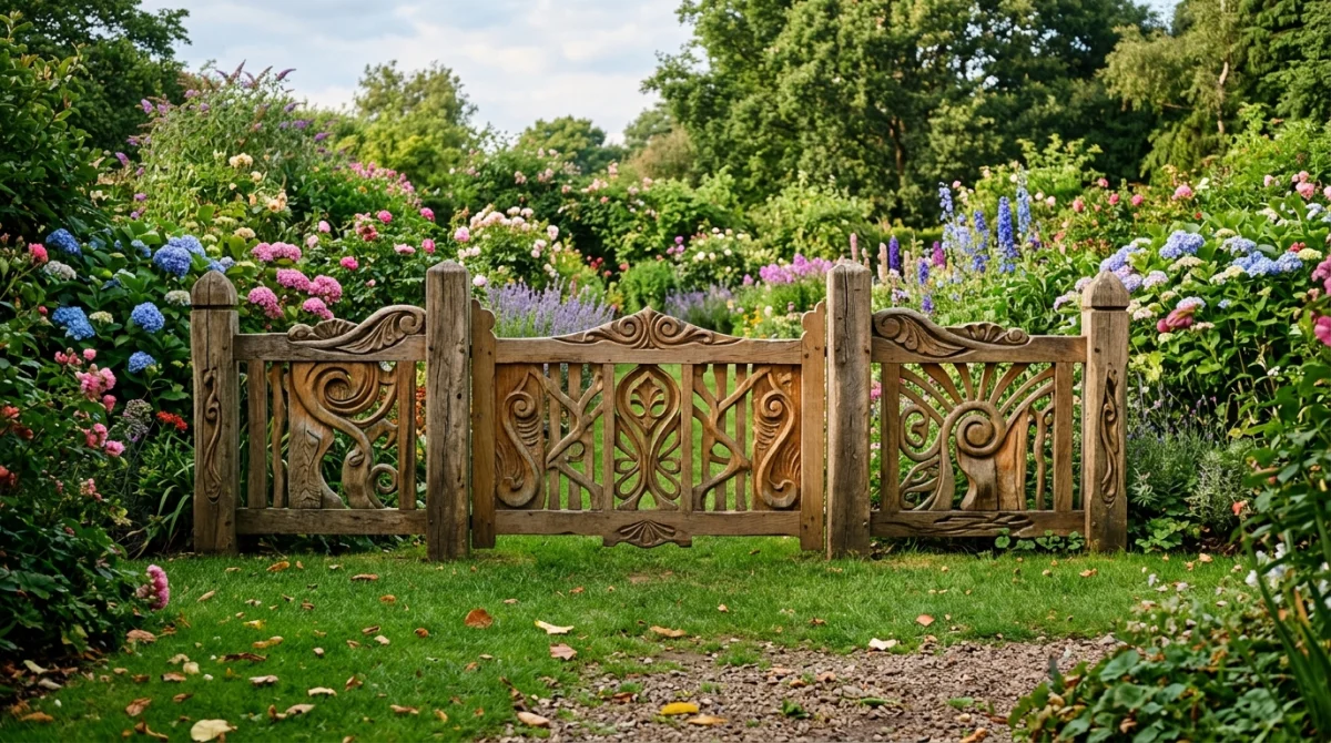 Clôture en bois originale aux motifs géométriques dans un jardin fleuri.