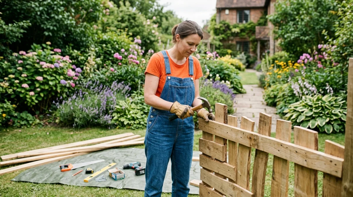 Personne construisant une clôture en bois originale dans un jardin fleuri.