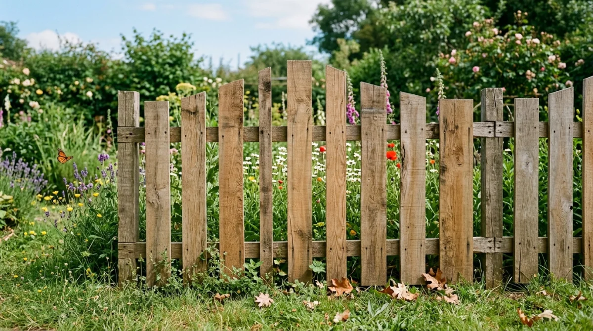 Clôture bois originale asymétrique dans un jardin verdoyant, design unique et naturel.