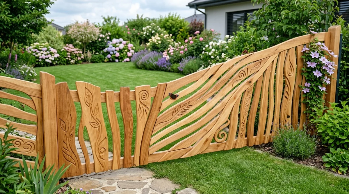 Clôture en bois originale et artistique dans un jardin moderne, mettant en valeur des motifs uniques.