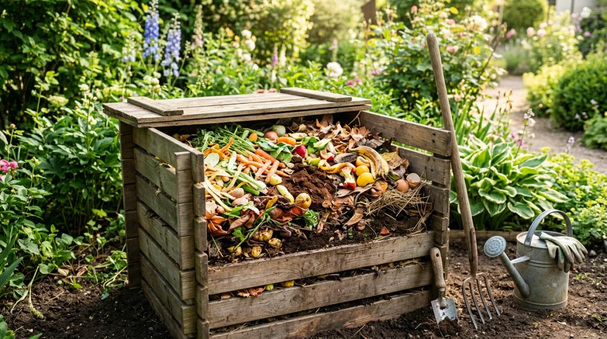 Composteur rempli de restes de déchets organiques colorés dans un jardin ensoleillé.