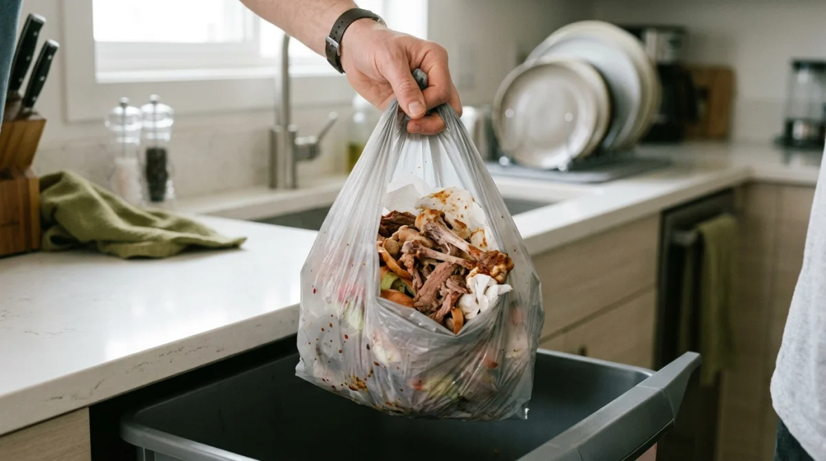 Main jetant un sac poubelle de restes de viande et d'os dans une cuisine.