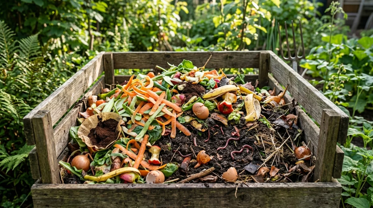 Composteur rempli de restes alimentaires frais et colorés dans un jardin ensoleillé.