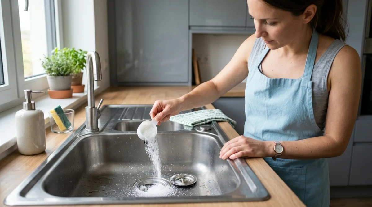 Personne versant acide citrique dans un évier bouché pour un débouchage naturel.