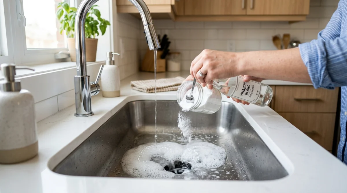 Main versant bicarbonate et vinaigre dans un évier bouché pour un débouchage naturel.