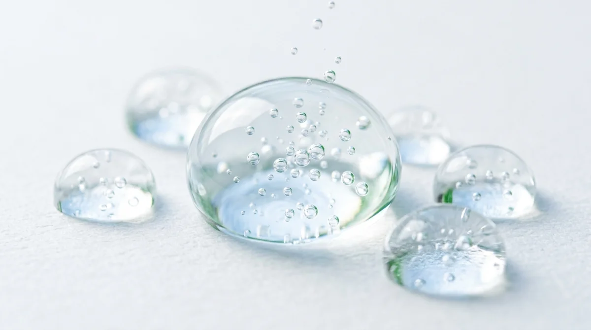 Gouttes d'eau pures avec bulles d'hydrogène visibles, illustration scientifique de l'hydrogène dans l'eau.