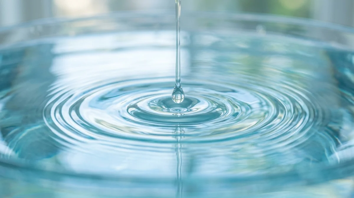 Goutte d'eau pure tombant dans l'eau calme, créant des ondulations rafraîchissantes.