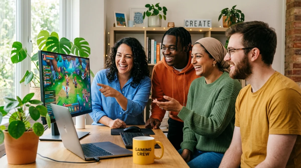 Équipe diversifiée et souriante travaillant ensemble sur un projet collaboratif sur un écran d'ordinateur.