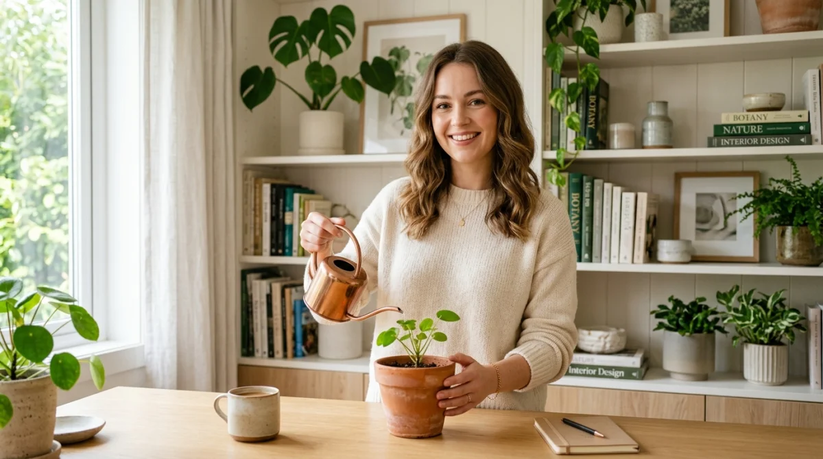 Jeune femme souriante arrosant une petite plante verte sur un bureau lumineux.