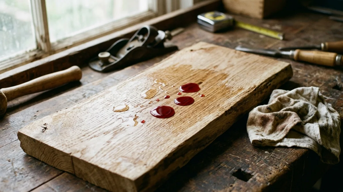 Planche de bois traitée à l'huile de lin, montrant la protection contre l'eau et le vin rouge.