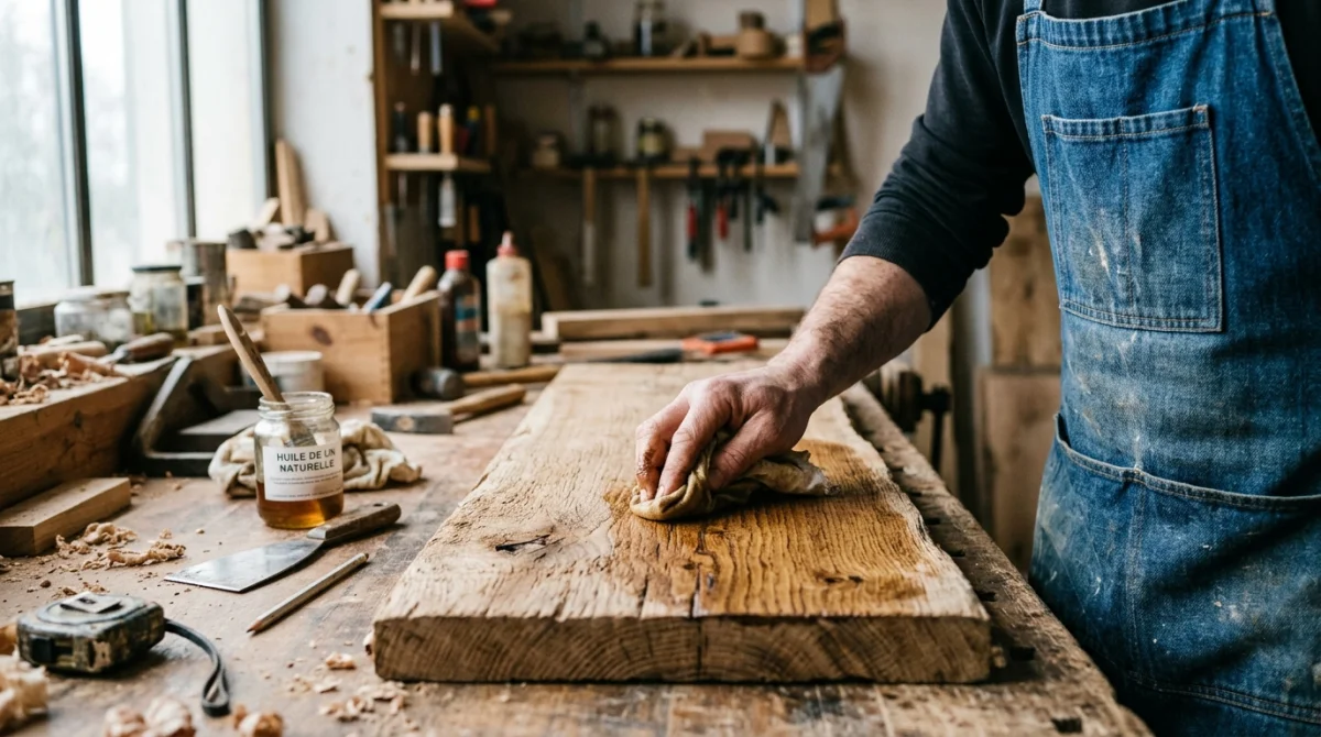 Application d'huile de lin sur bois brut dans un atelier, montrant la texture et le geste artisanal.