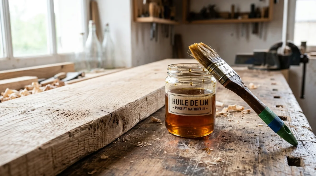 Planche de bois brute, pot d'huile de lin ouvert et pinceau dans un atelier artisanal