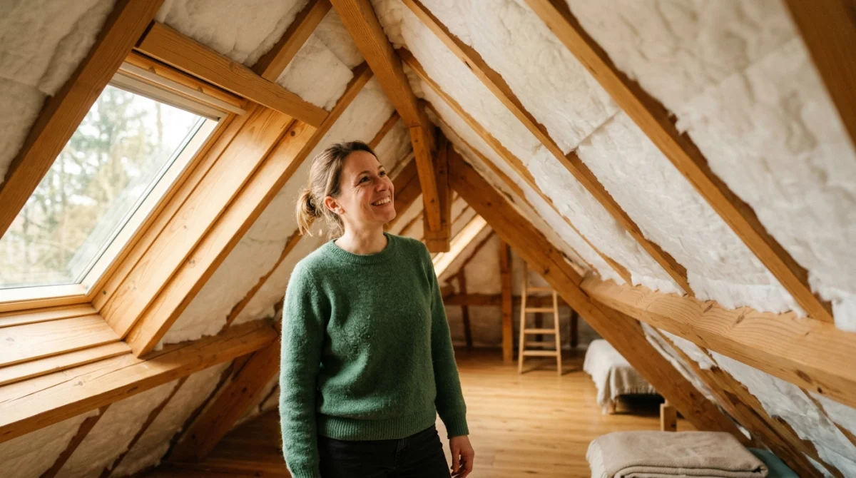 Personne souriante dans un grenier bien isolé, montrant une toiture avec isolant visible.