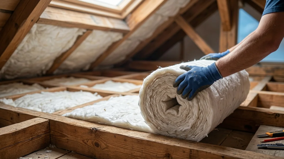 Main gantée plaçant un rouleau d'isolant sur des chevrons pour l'isolation de toiture par l'intérieur.
