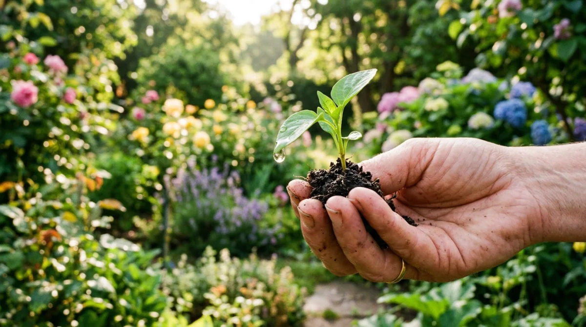 Main tenant une jeune pousse verte dans un jardin ensoleillé, symbole de l'action de planter.