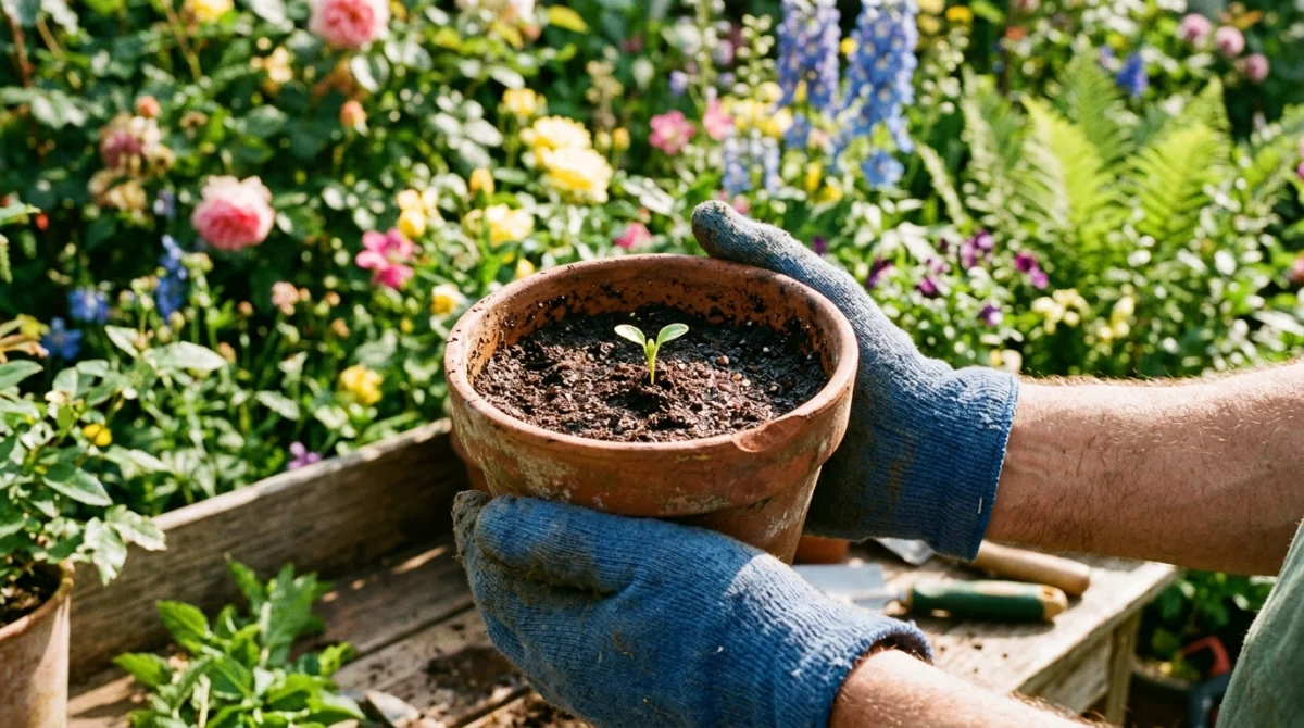 Mains tenant une jeune pousse d'Oya dans un pot, jardin ensoleillé