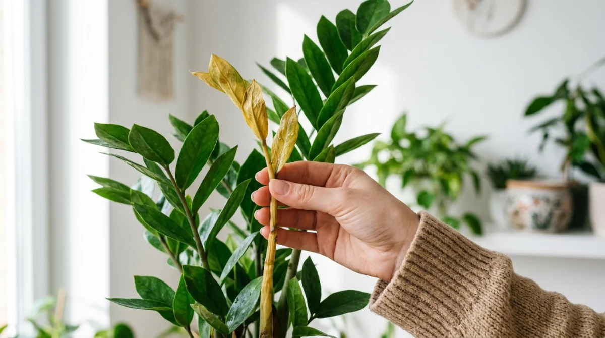 Main coupant une tige de zamioculcas jaunie, entretien plante ZZ intérieur.