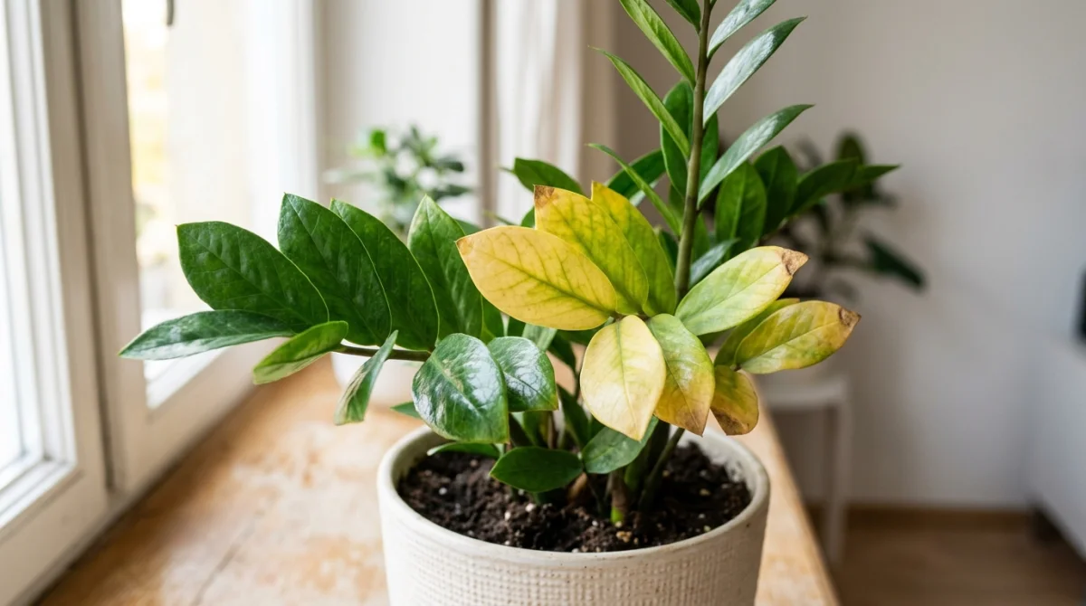 Zamioculcas : feuilles vertes saines et feuilles jaunies, entretien et rempotage