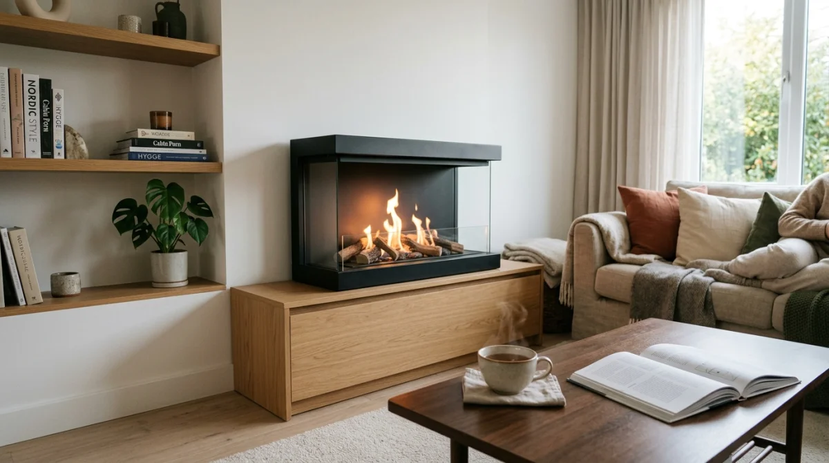 Cheminée bio éthanol allumée dans un salon moderne, diffusant une chaleur réconfortante.