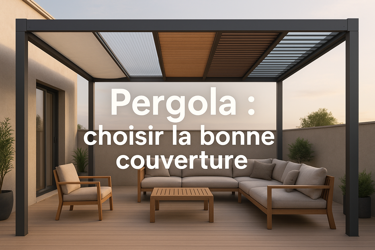 Couverture de pergola montrant plusieurs types de toitures sur terrasse moderne