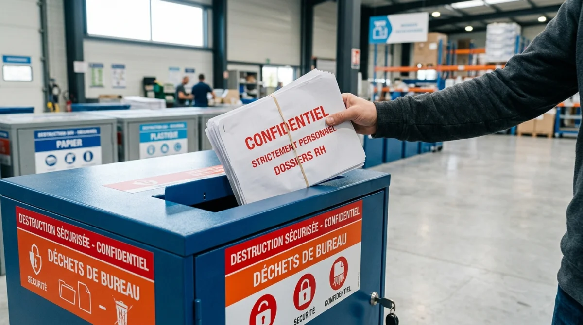 Main déposant des documents confidentiels dans une benne de destruction sécurisée.