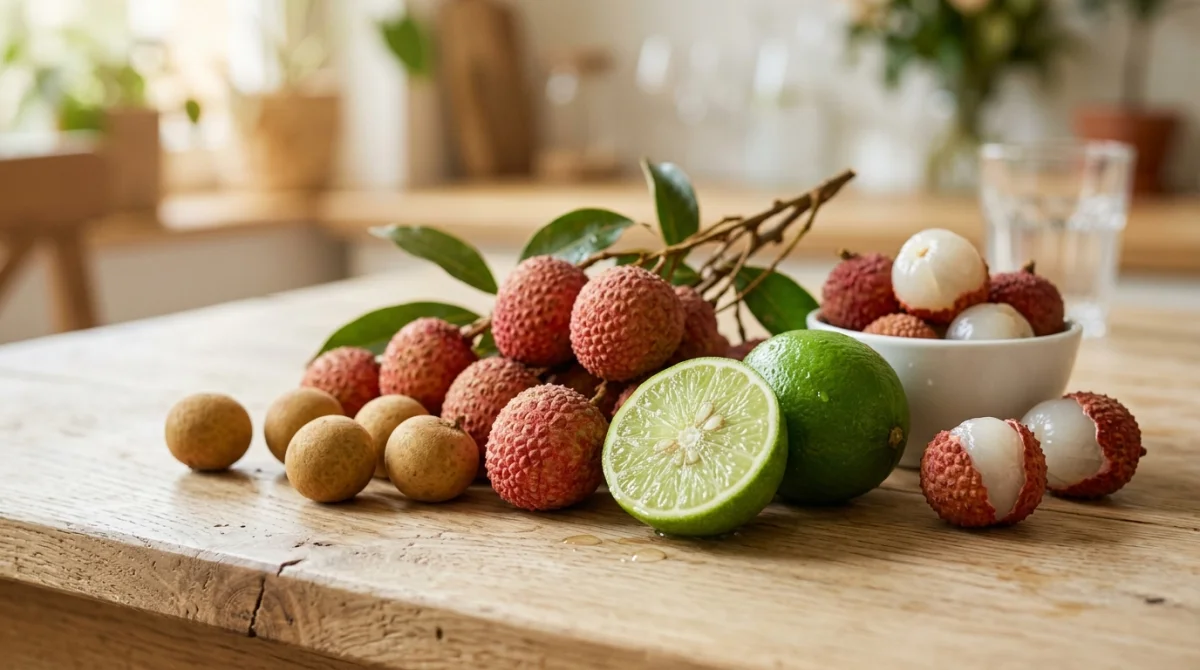 assortiment fruits lettre l 1dd9 1 Assortiment frais de litchis, longanes et lime coupée sur une table en bois, illustrant des fruits en l.