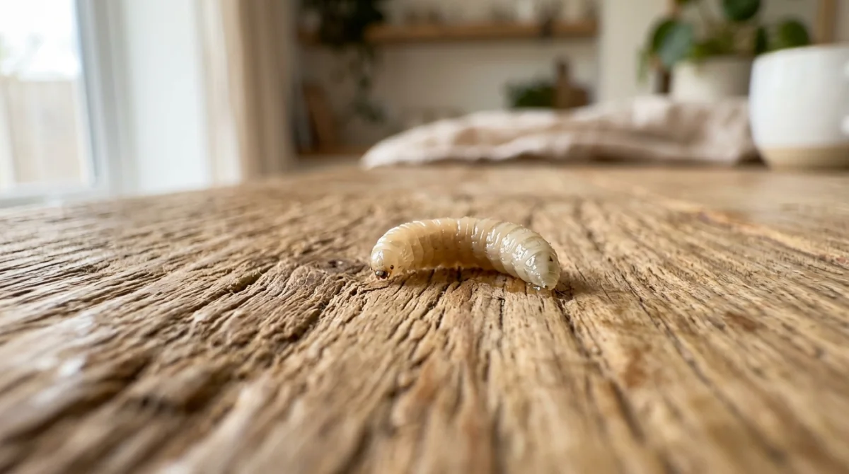 Gros plan macro d'un asticot sur une surface en bois, illustrant la signification des asticots dans la maison.