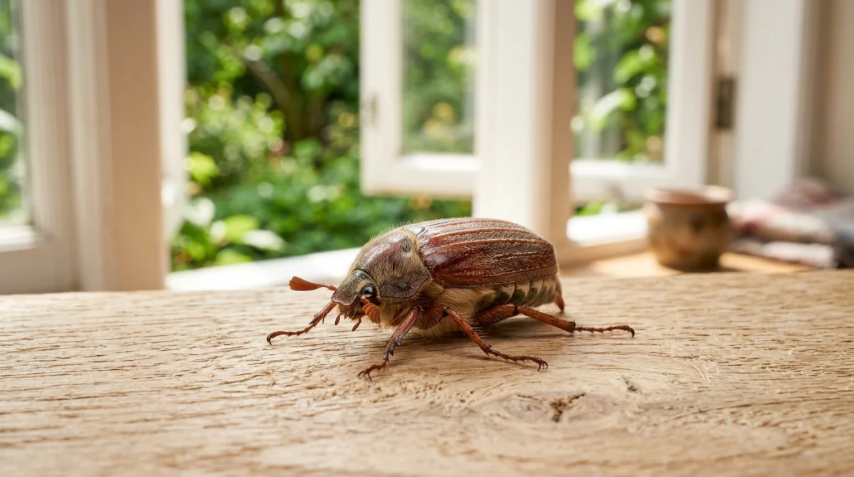 Gros plan d'un hanneton posé sur une surface en bois clair, illustrant la signification d'un hanneton dans la maison.