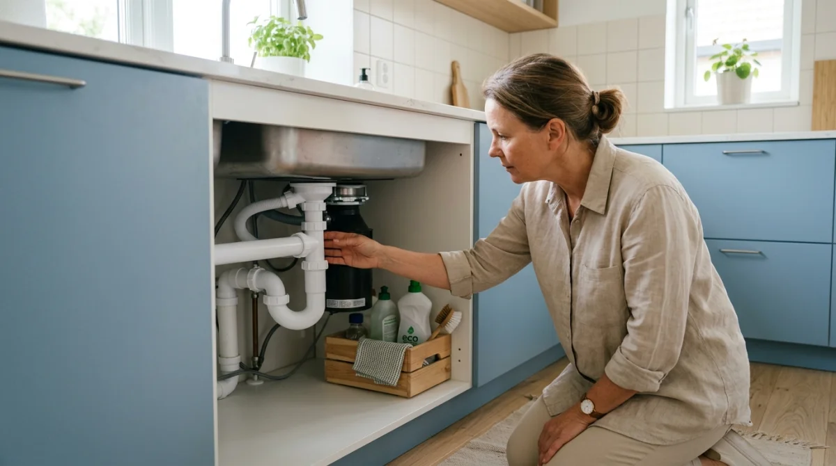 Personne inspectant le siphon sous un évier pour comprendre la signification des asticots dans la maison.