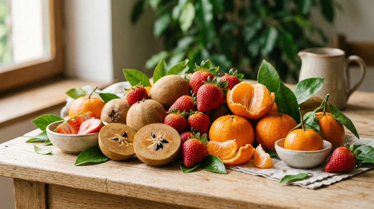 Composition artistique de fruits en s frais comme des fraises, satsumas et sapotilles sur une table en bois.
