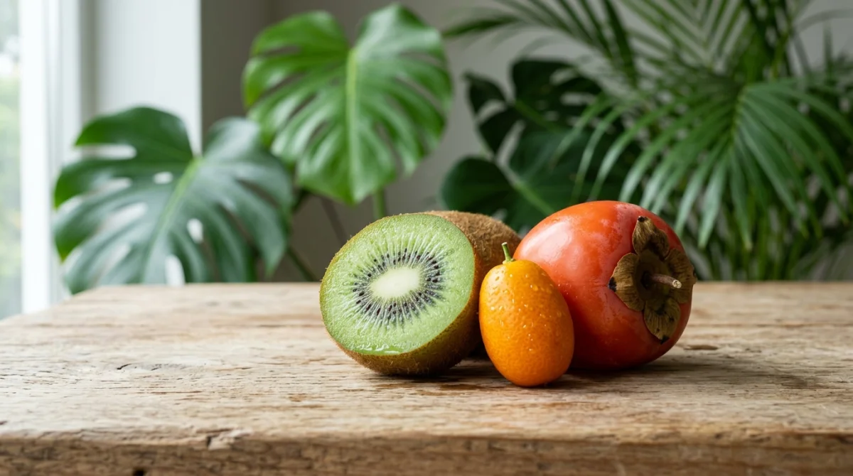 Composition artistique de fruits en k : kiwi tranché, kumquat frais et kaki sur une table en bois.