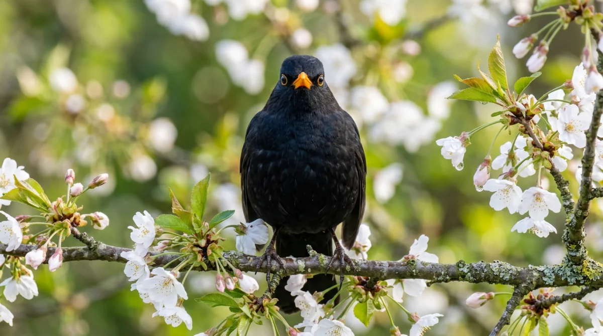 Merle noir mâle au plumage brillant et bec orange vif perché sur une branche de cerisier en fleurs.