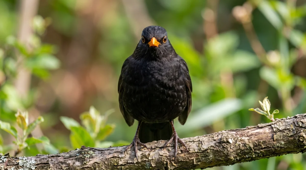 Merle noir au bec orange vif posé sur une branche dans un jardin printanier verdoyant et naturel.