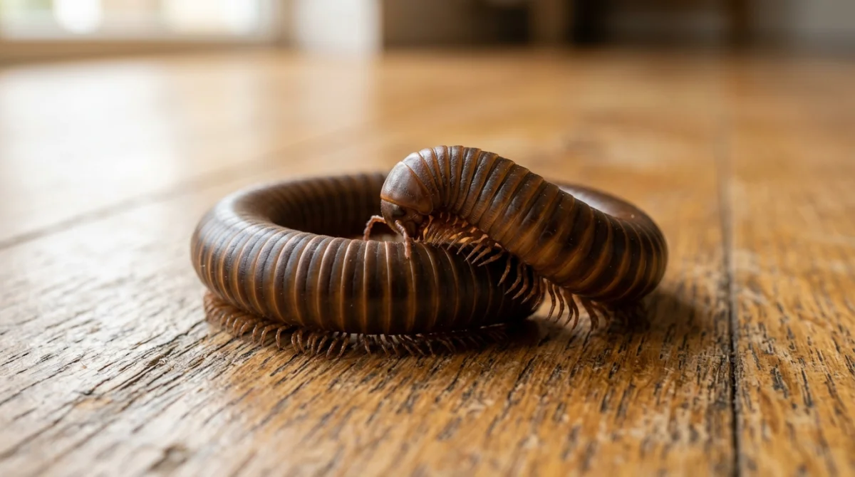 Gros plan d'un mille-pattes sur un sol en bois, illustrant la signification du mille-pattes dans la maison.