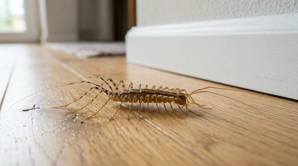 Scutigère véloce se déplaçant sur un parquet en bois, illustration pour comprendre la signification d'un mille-patte dans la maison.