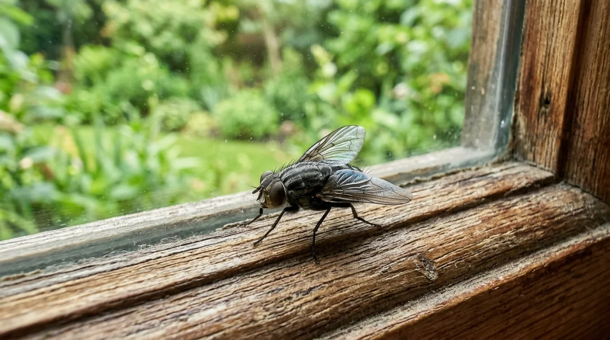 Mouche domestique posée sur un rebord de fenêtre en bois, illustrant la signification symbolique d'une mouche dans la maison.