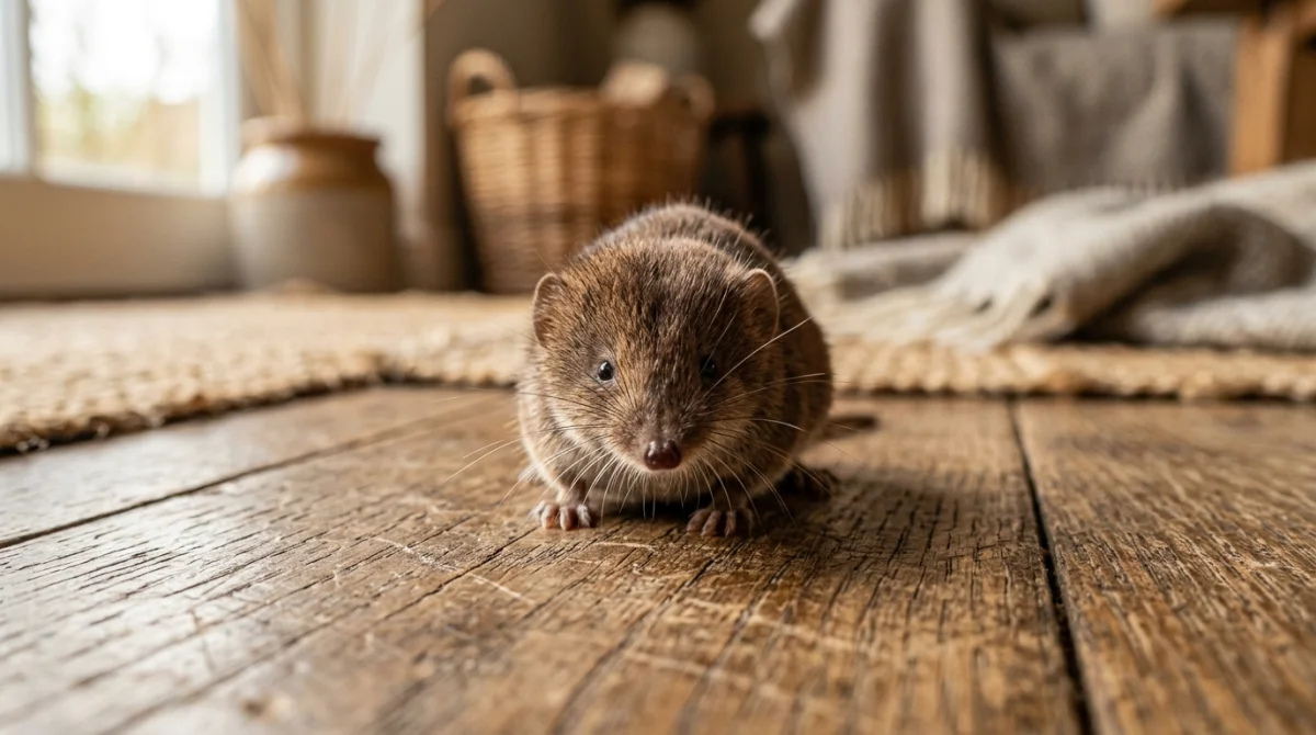 Musaraigne réaliste au museau allongé posée sur un plancher en bois dans une maison chaleureuse.