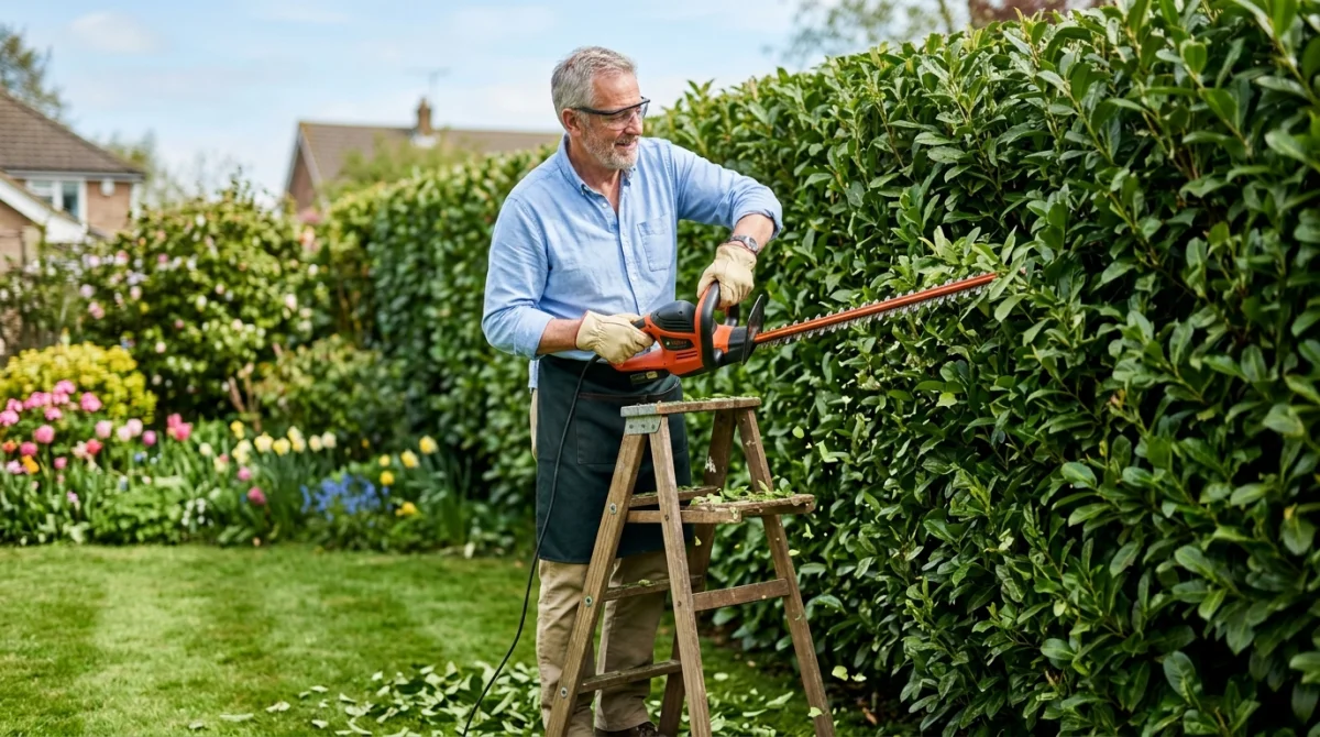 Jardinier utilisant un taille-haie électrique pour entretenir une haie dense dans un jardin ensoleillé.