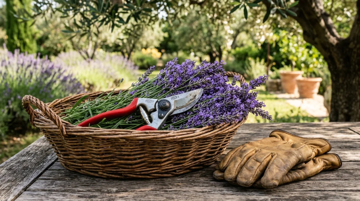 Sécateurs et gants de jardinage posés sur un panier de lavande fraîche pour illustrer quand tailler la lavande.