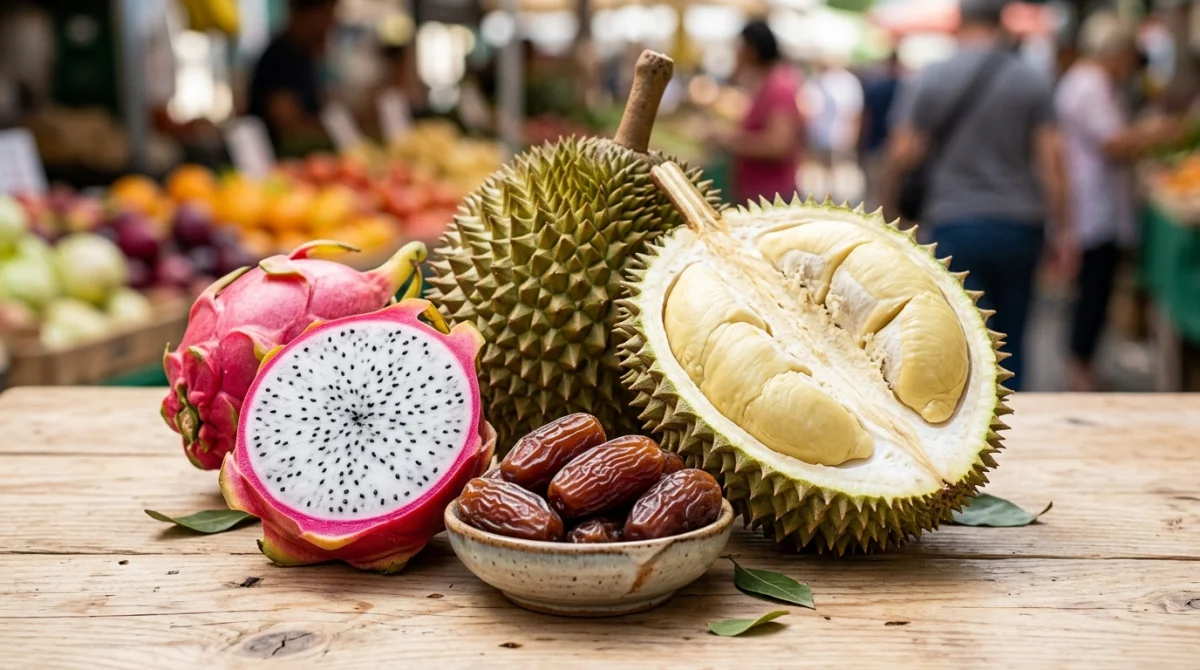 Sélection de fruits en d disposés sur une table en bois, incluant datte, durian et fruit du dragon.