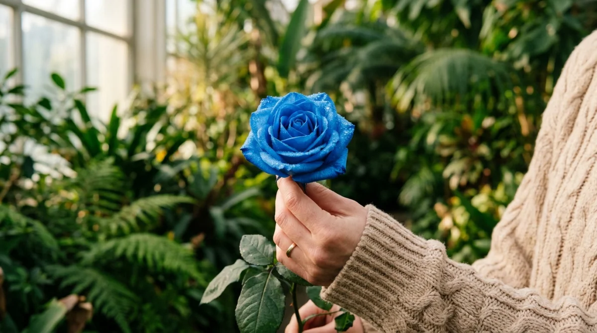 Gros plan d'une rose bleue éclatante tenue par une main, illustrant la signification des roses bleues en jardin botanique.