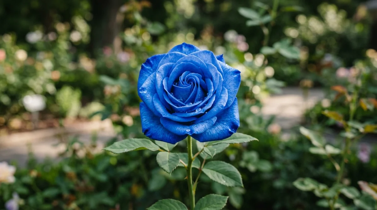 Gros plan sur une rose bleue éclatante avec de la rosée, illustrant la signification des roses bleues.