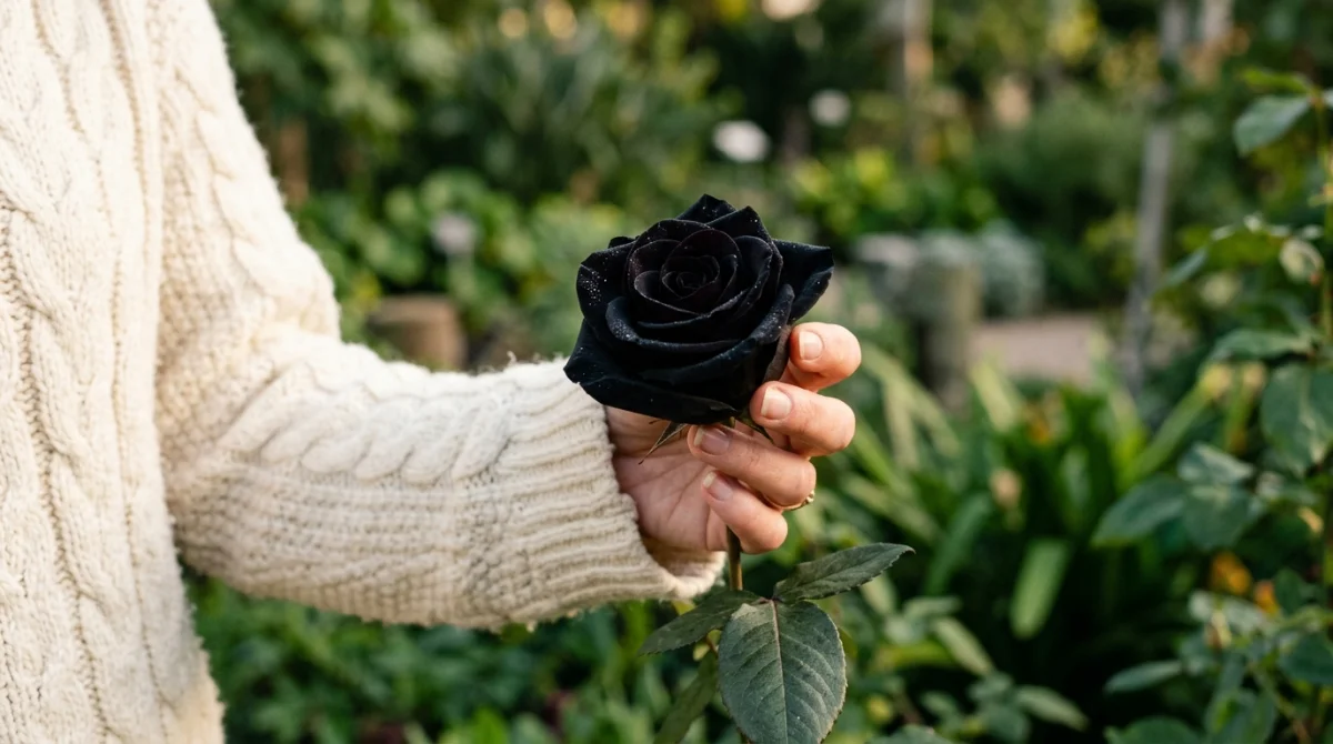 signification rose noire main femme 251f 1 Main tenant une rose noire veloutée et rosée dans un jardin, illustrant la signification des roses noires.