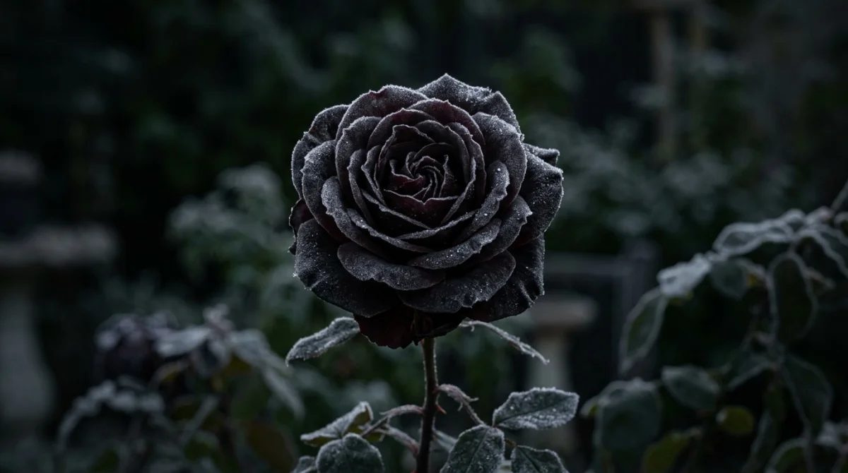 Gros plan d'une rose noire givrée aux pétales veloutés, illustrant la signification des roses noires dans un jardin sombre.